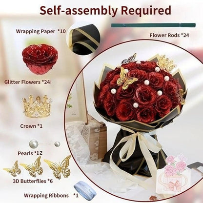12/24PC Glitter Roses Artificial Flowers DIY Bouquet Everlasting Fake Flower for Wedding Anniversary Valentines Day Mothers Gift