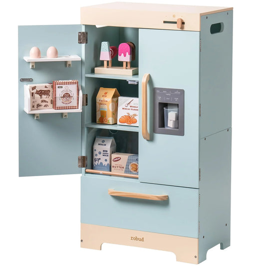 Robotime Robud Play Kitchen Fridge Refrigerator with Ice Dispenser Wooden Kids Play Kitchen Playset Toy for Ages 3+Blue