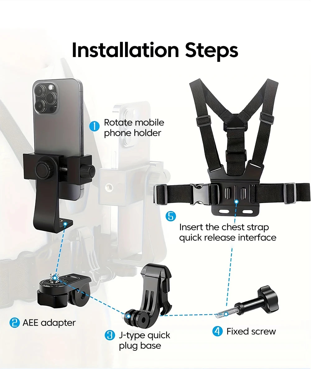 Adjustable phone clip stand with chest strap, fixed bracket for cycling, sports, climbing, and camera phones, chest phone mount.