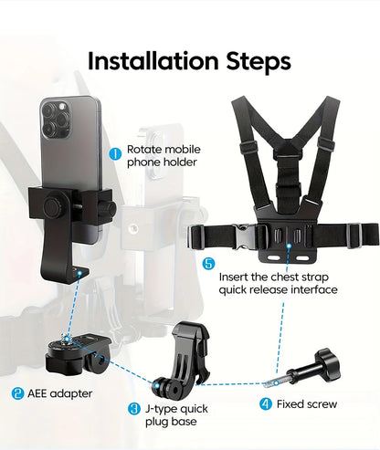 Adjustable phone clip stand with chest strap, fixed bracket for cycling, sports, climbing, and camera phones, chest phone mount.