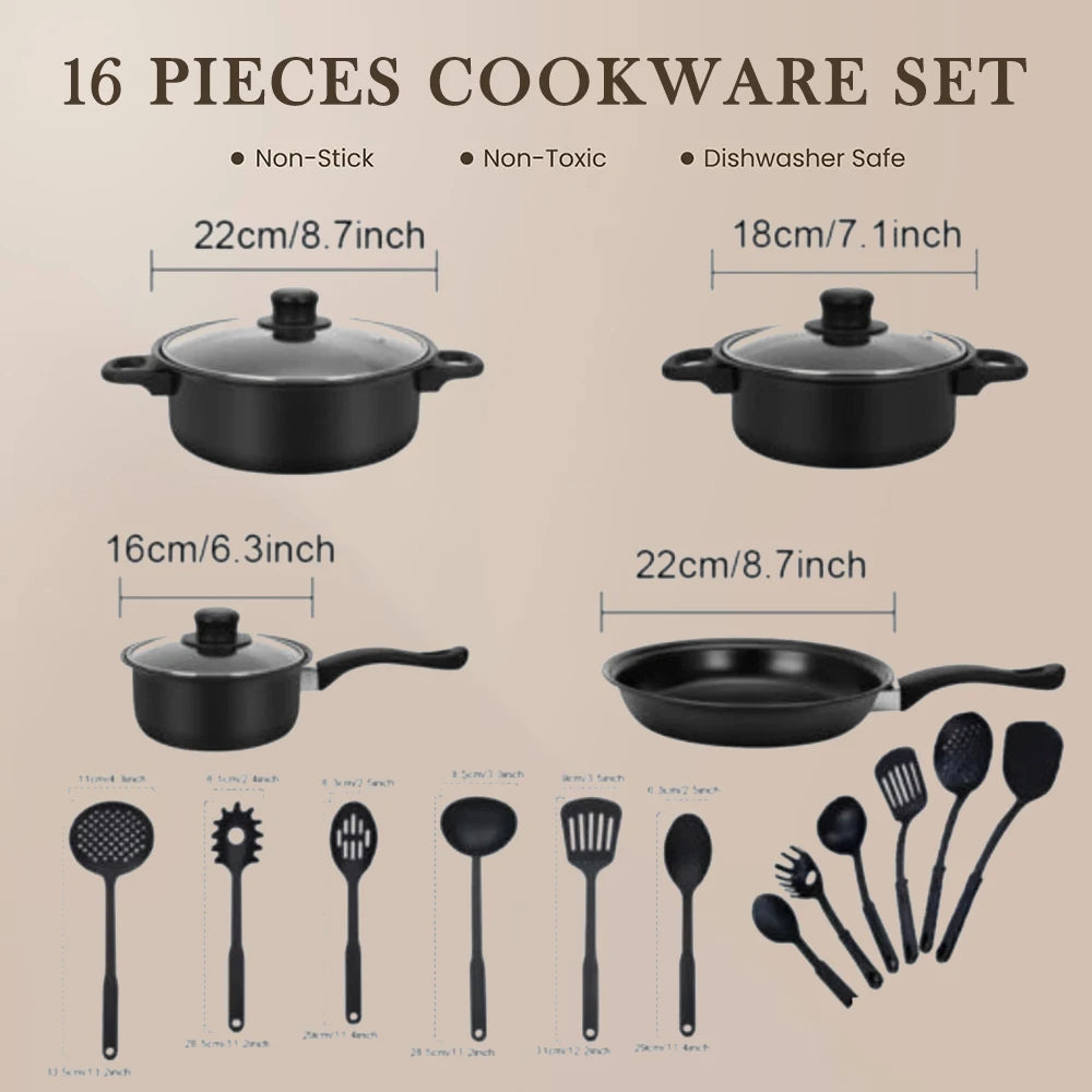 16-Piece Non-Stick Cookware Set Milk Pot Maifan Stone Frying Pan with Lid Stackable Pot Set for All Types of Cooker Xmas Gift