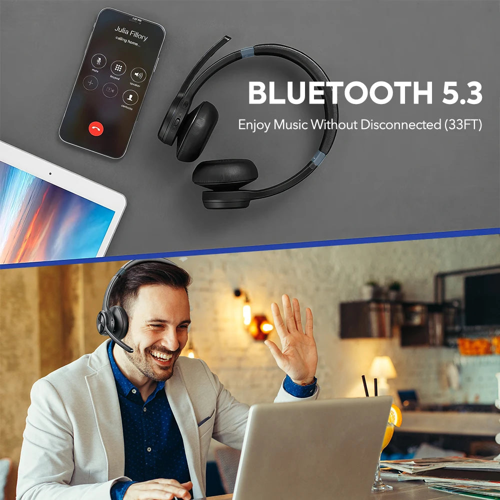 Mpow HC9 Bluetooth 5.3 Headset For Call Center Office Upgraded Wireless Headphones 45H Long Life CVC 8.0 Noise Cancelling Mic