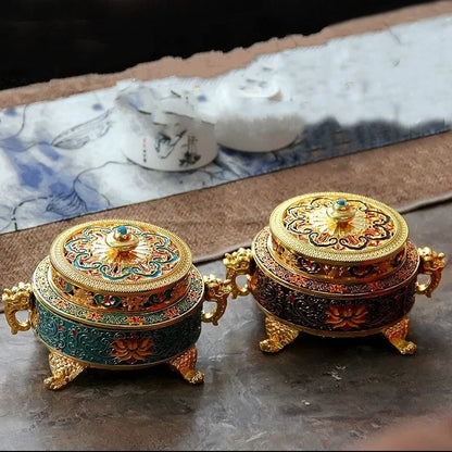 Copper Alloy Antique Incense Burner Aromatherapy Incense Burner Sandalwood Embossed Enamel Painted Temple Plate Incense Burner