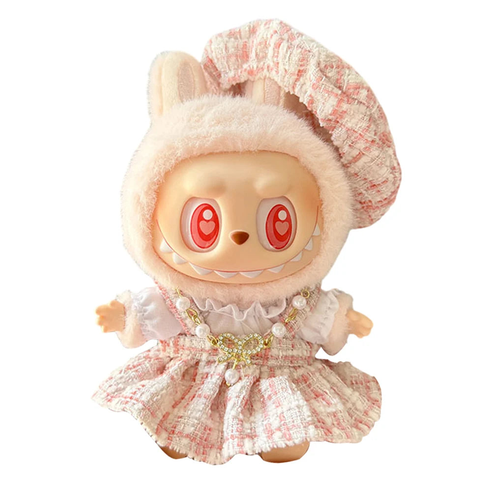 Mini Plush Doll Overall Decorative Kawaii Doll Clothes DIY Cute Plushies Outfit with Hat Cartoon Animal Toy Dress for Home Decor
