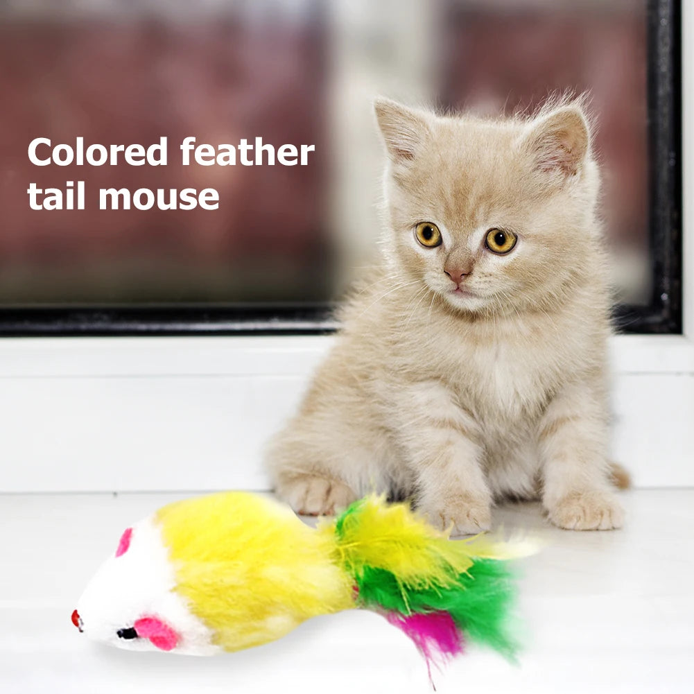Pet Cats Mouse Toy Eco-friendly Rat Interactive Toys Non-toxic Lightweight Soft with Colored Feathers Training Game Cat Supplies