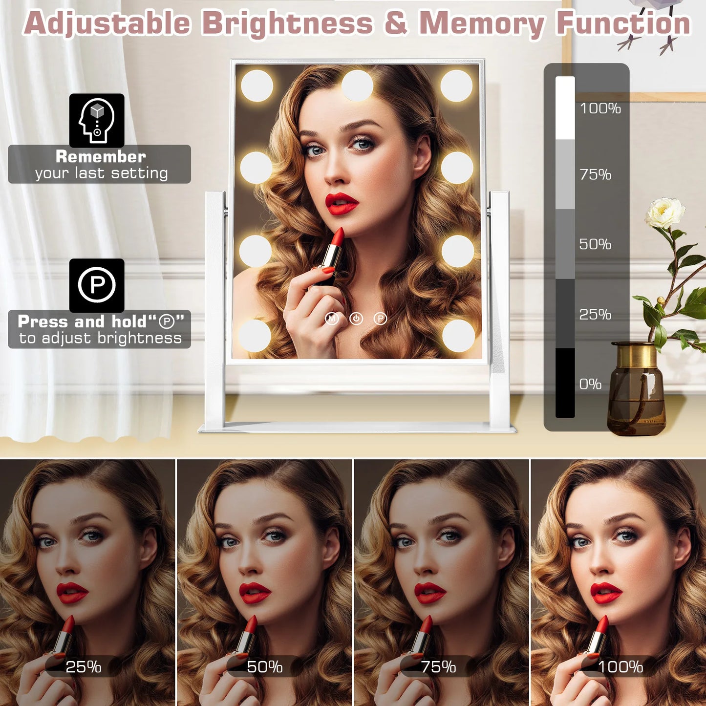 Vanity Mirror Hollywood Light up Makeup Mirror with LED Bulbs Dimmable 3 Modes 360° Rotation Magnifying Mirror 10x