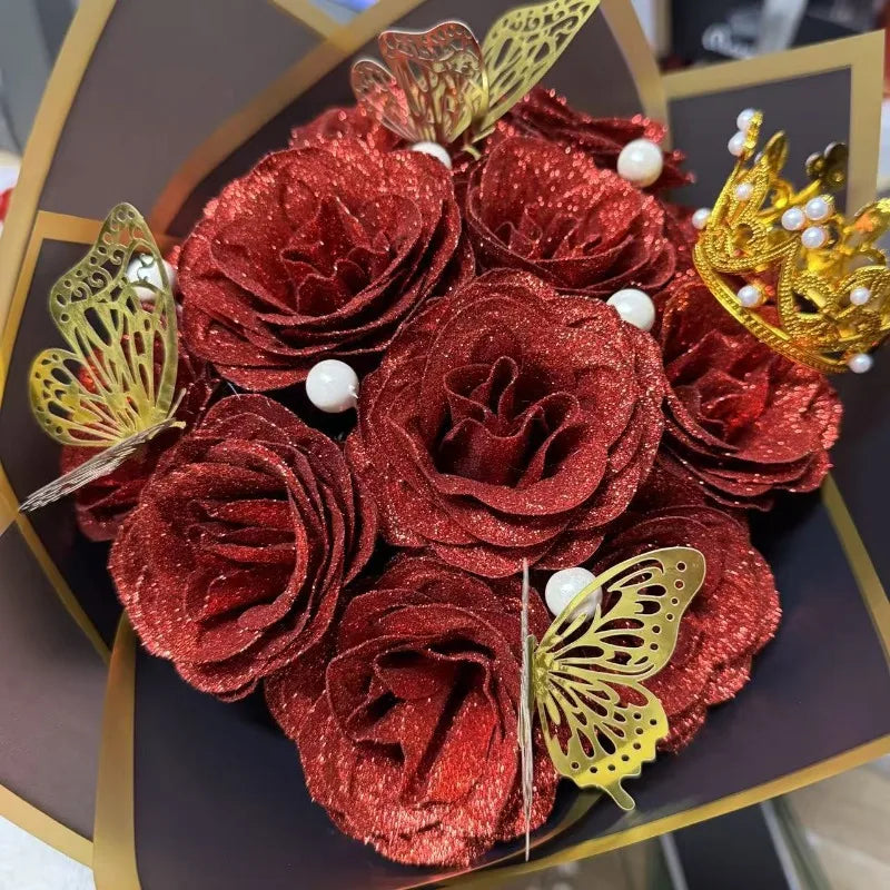 12/24PC Glitter Roses Artificial Flowers DIY Bouquet Everlasting Fake Flower for Wedding Anniversary Valentines Day Mothers Gift