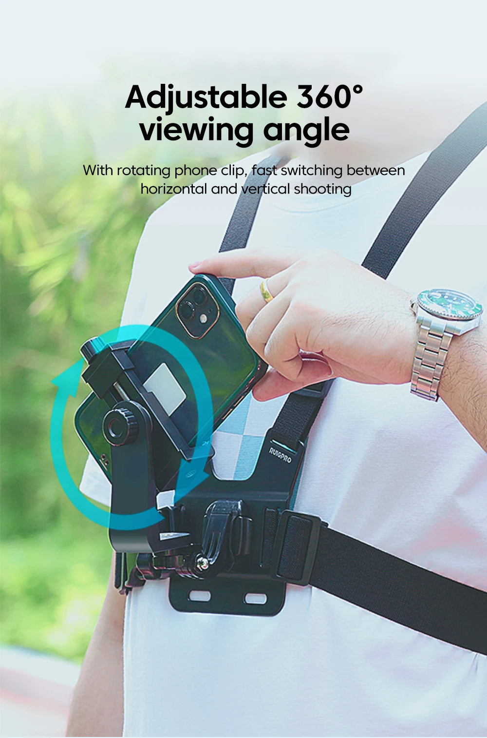 Adjustable phone clip stand with chest strap, fixed bracket for cycling, sports, climbing, and camera phones, chest phone mount.