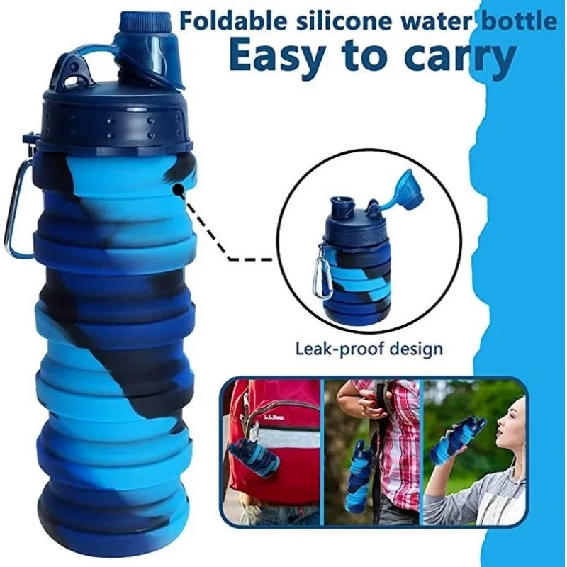 500ML Portable Retractable Silicone Bottle Folding Water Bottles Outdoor Travel Drinking Cup with Carabiner Collapsible Cups