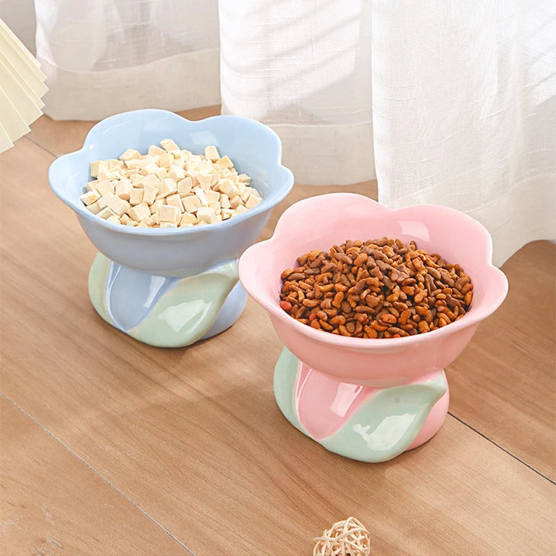 Cat Flower Bowl Raised Ceramic Pet Drinking Eating Feeders Small Dogs Elevated Non-slip Feeding Supplies Cats Puppy Products