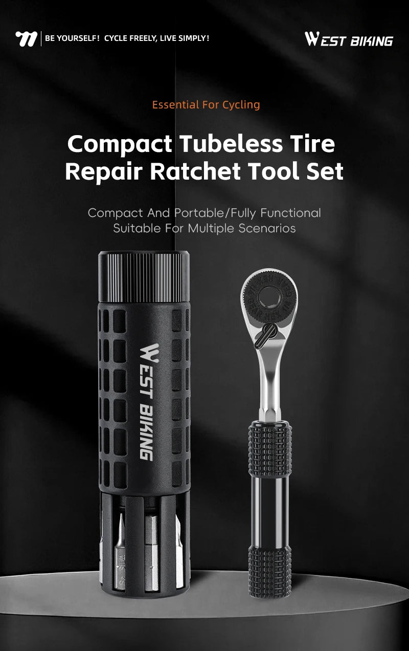 WEST BIKING Mini Ratchet Wrench Vacuum Portable Tubeless Tool Set Bicycle Motorcycle Emergency Multitool Tire Repair Kit E-Bikes