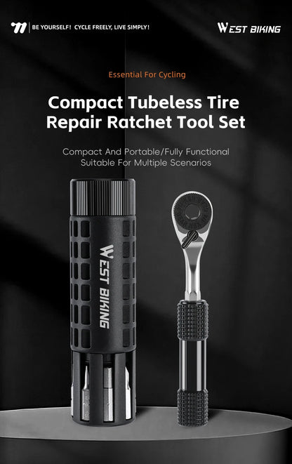 WEST BIKING Mini Ratchet Wrench Vacuum Portable Tubeless Tool Set Bicycle Motorcycle Emergency Multitool Tire Repair Kit E-Bikes