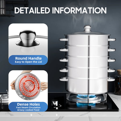 28cm 5-Tier Steam Cooker, Stainless Steel Steamer, Kitchen Cooking Steamer, Pan Cook Pot with Glass Lid Multi-Layer Cookware