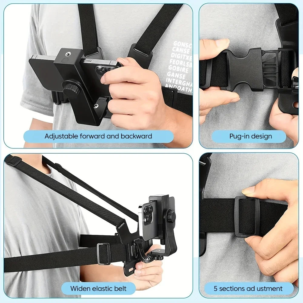 Adjustable phone clip stand with chest strap, fixed bracket for cycling, sports, climbing, and camera phones, chest phone mount.