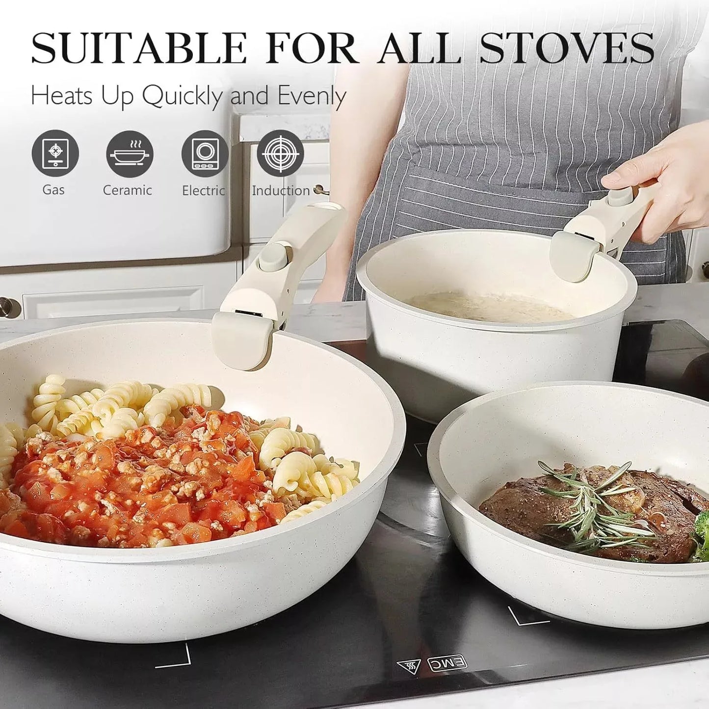 Kitchen Cookware Set Non-Stick Granite Pots and Pans Set with Removable Handle