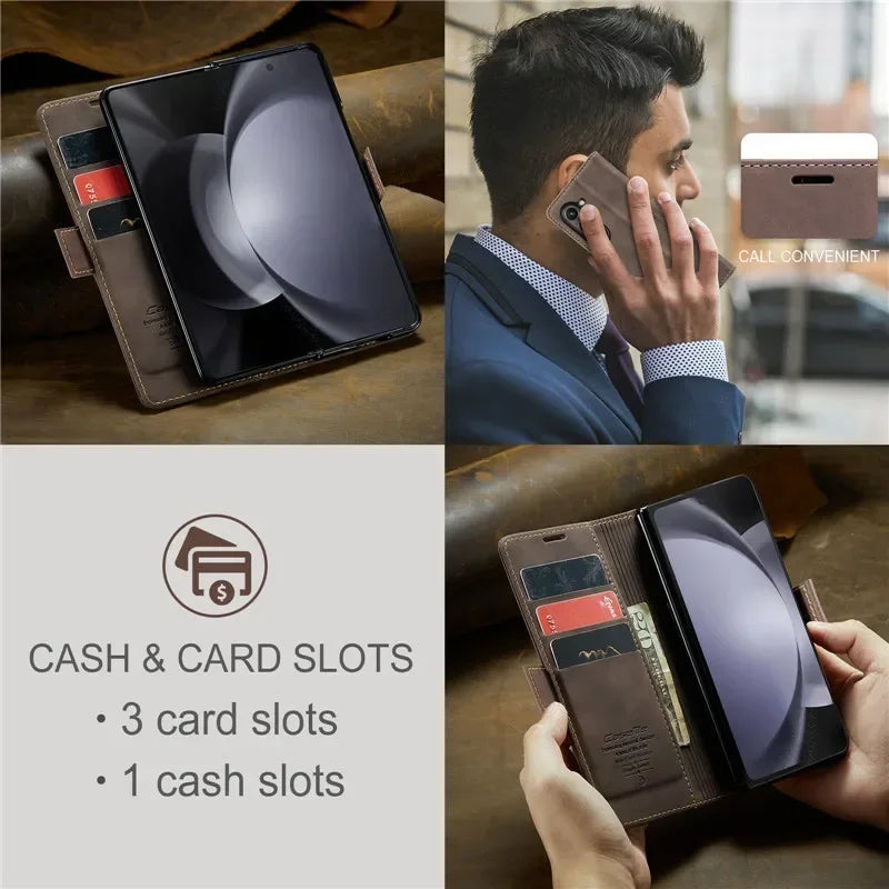 CaseMe Retor Leather Wallet Card Slot Phone Case for Samsung Galaxy Z Fold 7 6 5 4 Fold5 Fold6 Shockproof Flip Stand Cover Coque