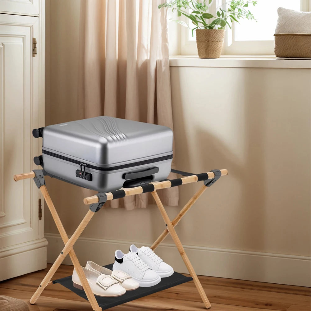 Bamboo Suitcase Stand Foldable Luggage Stand with Nylon Straps Suitcase Holder Suitable for Guest Room Bedroom Hotel