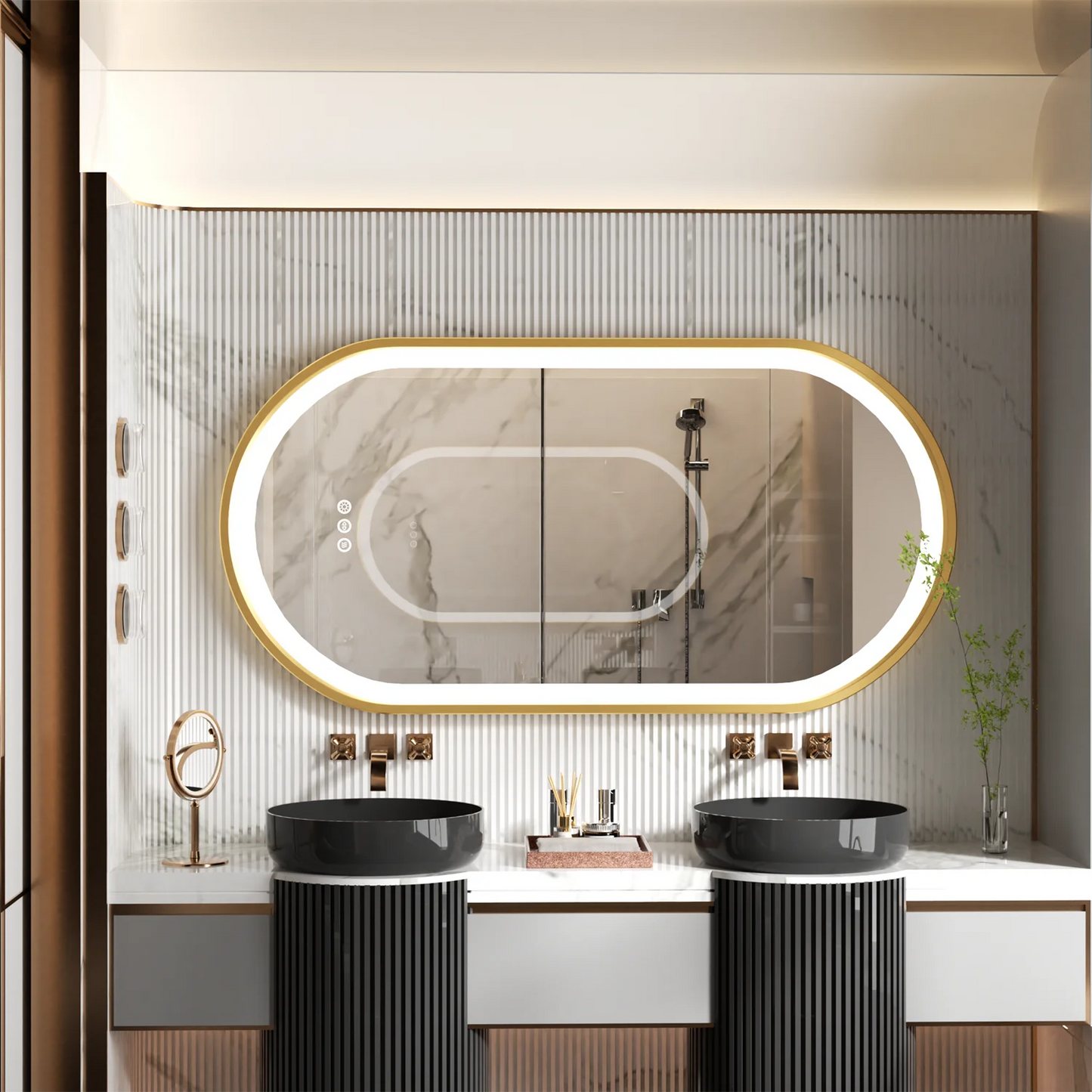Gold Frame Oval Bathroom Mirror LED Lighted Anti-Fog Smart Vanity Mirror Anti-fog Dimmable Illuminated Innovative Makeup Mirror