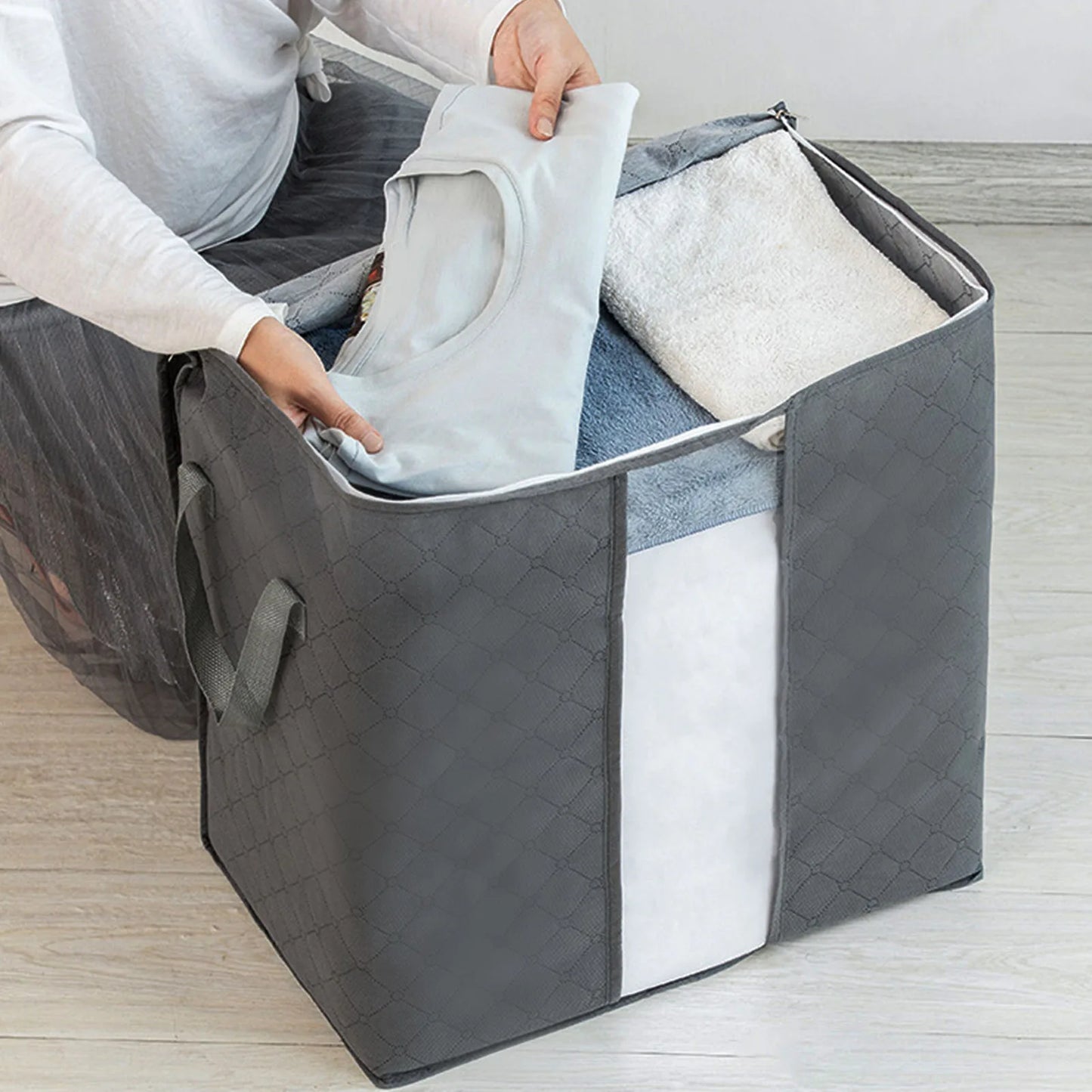 Blanket Storage Bag Reinforced Handle Closet Organizer Foldable Stackable Clothes Storage Bag with Clear PVC Window for Bedding