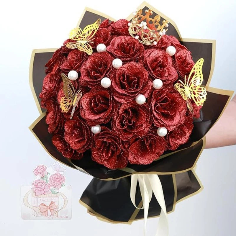 12/24PC Glitter Roses Artificial Flowers DIY Bouquet Everlasting Fake Flower for Wedding Anniversary Valentines Day Mothers Gift