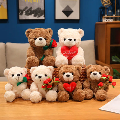 15/25cm Sitting Cartoon Bear Plush Toy Stuffed Valentine's Day Rose Animal Say Love Holding Red Heart Girlfriend Gift