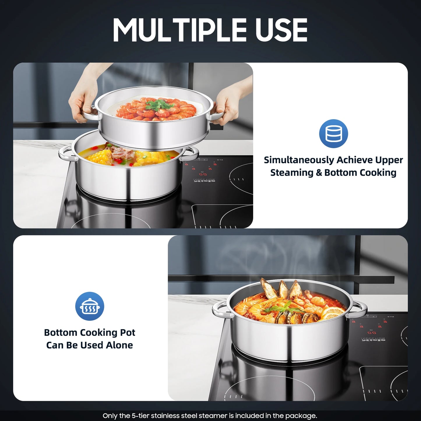 28cm 5-Tier Steam Cooker, Stainless Steel Steamer, Kitchen Cooking Steamer, Pan Cook Pot with Glass Lid Multi-Layer Cookware