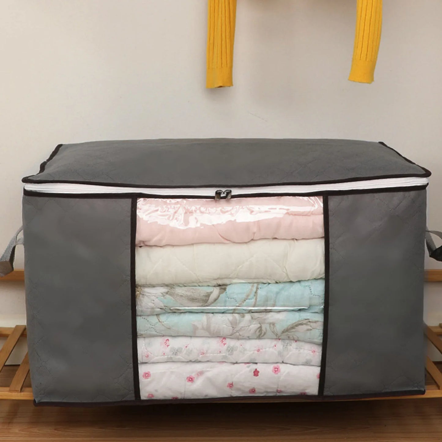 Blanket Storage Bag Reinforced Handle Closet Organizer Foldable Stackable Clothes Storage Bag with Clear PVC Window for Bedding