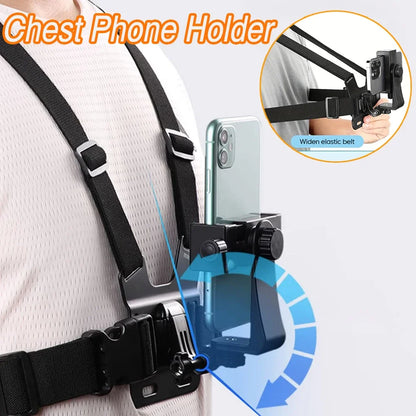 Adjustable phone clip stand with chest strap, fixed bracket for cycling, sports, climbing, and camera phones, chest phone mount.