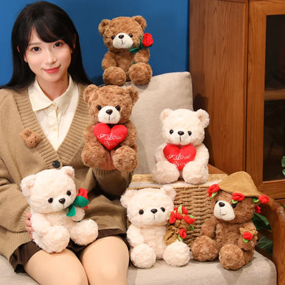 15/25cm Sitting Cartoon Bear Plush Toy Stuffed Valentine's Day Rose Animal Say Love Holding Red Heart Girlfriend Gift