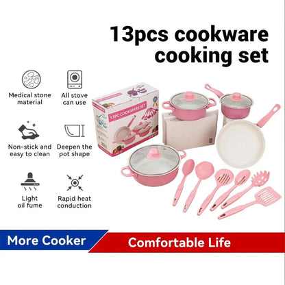 12-Piece High-Quality Non-Stick Cookware Set Deep Frying Pan with Lid Milk Pot Maifan Stone Frying Pan Cooking Pot Set