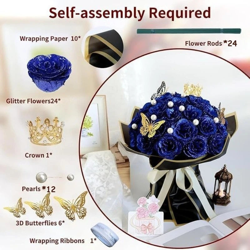 12/24PC Glitter Roses Artificial Flowers DIY Bouquet Everlasting Fake Flower for Wedding Anniversary Valentines Day Mothers Gift