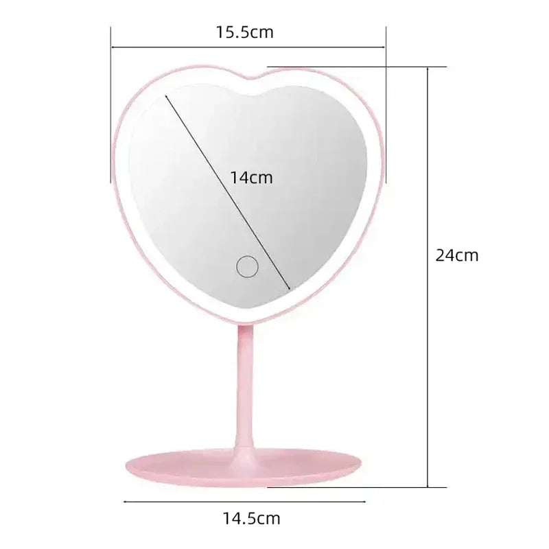 Heart Shape LED Makeup Mirror With 3 Colors Lighting and Stand Desktop Rechargeable Cosmetic Vanity Mirror Portable Lighted