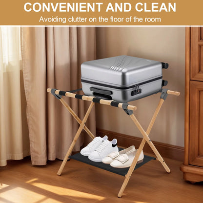 Bamboo Suitcase Stand Foldable Luggage Stand with Nylon Straps Suitcase Holder Suitable for Guest Room Bedroom Hotel