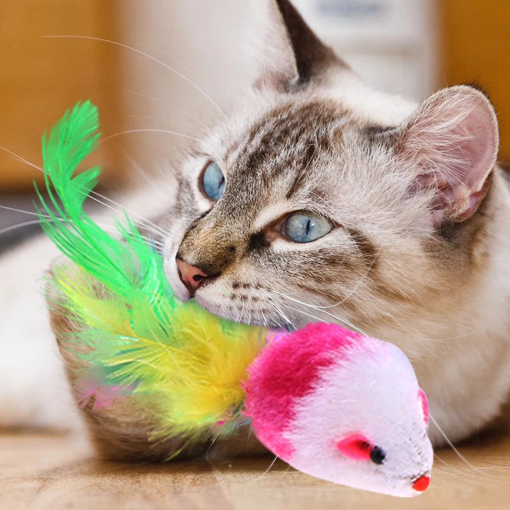 Pet Cats Mouse Toy Eco-friendly Rat Interactive Toys Non-toxic Lightweight Soft with Colored Feathers Training Game Cat Supplies