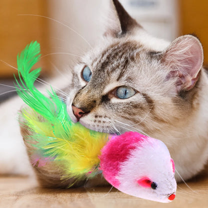 Pet Cats Mouse Toy Eco-friendly Rat Interactive Toys Non-toxic Lightweight Soft with Colored Feathers Training Game Cat Supplies