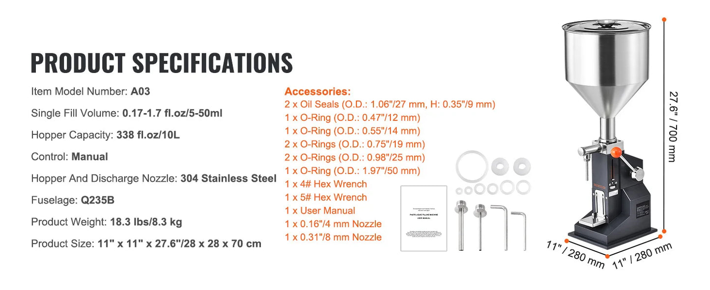 SucceBuy A03 5-50ml/5-100ml Manual Liquid Filling Machine Paste Bottle Filler Adjustable with Hopper for Water Shampoo Honey