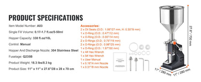 SucceBuy A03 5-50ml/5-100ml Manual Liquid Filling Machine Paste Bottle Filler Adjustable with Hopper for Water Shampoo Honey