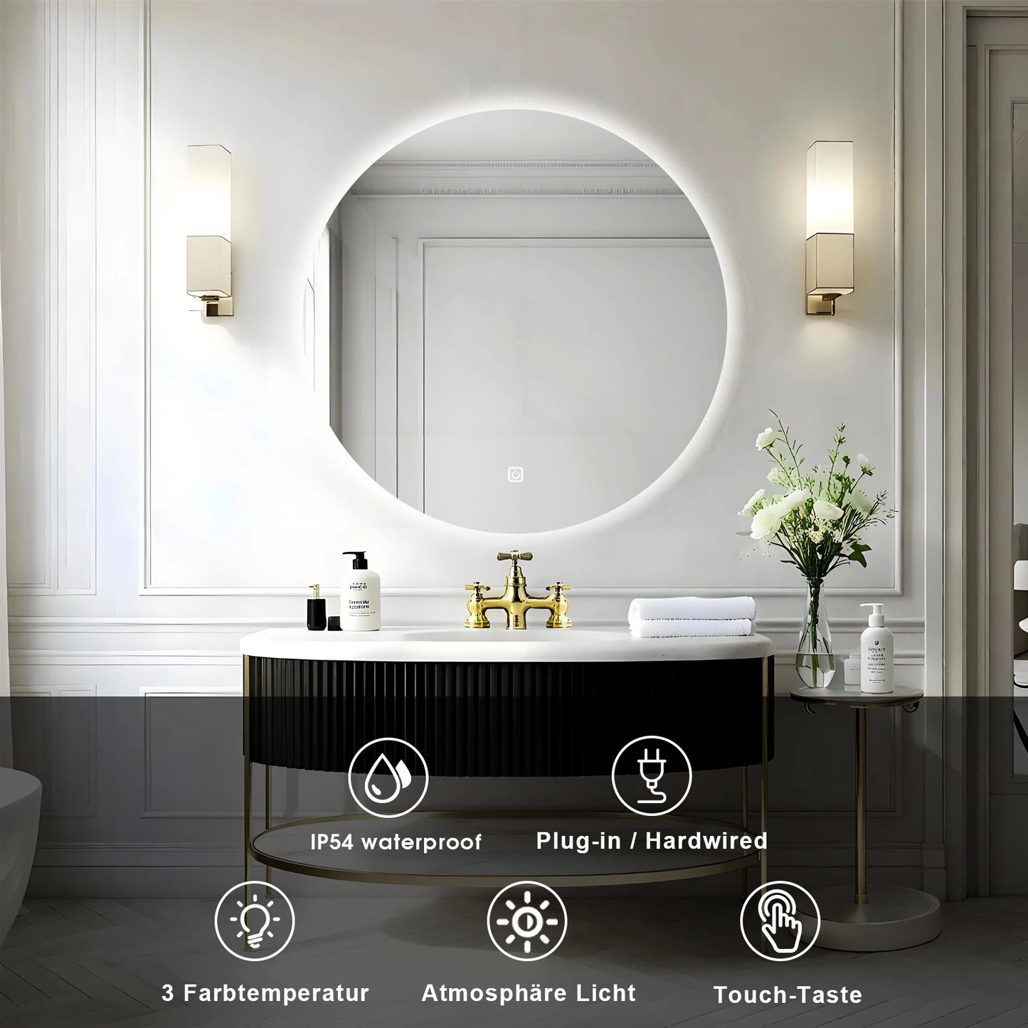 LED Bathroom Mirror Round Vanity Mirror With Backlit Lights Wall Mounted Dimmable 3 Color Lighting IP54