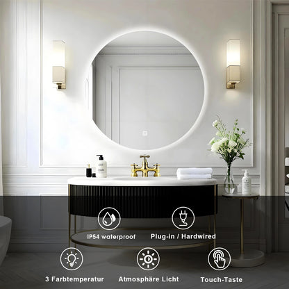LED Bathroom Mirror Round Vanity Mirror With Backlit Lights Wall Mounted Dimmable 3 Color Lighting IP54