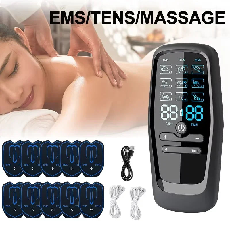 Electric Muscle Stimulator EMS & TENS Unit Pulse Massager for Back Neck Shoulder Knee Joints Full Body Relax 9 Modes 30 Gears
