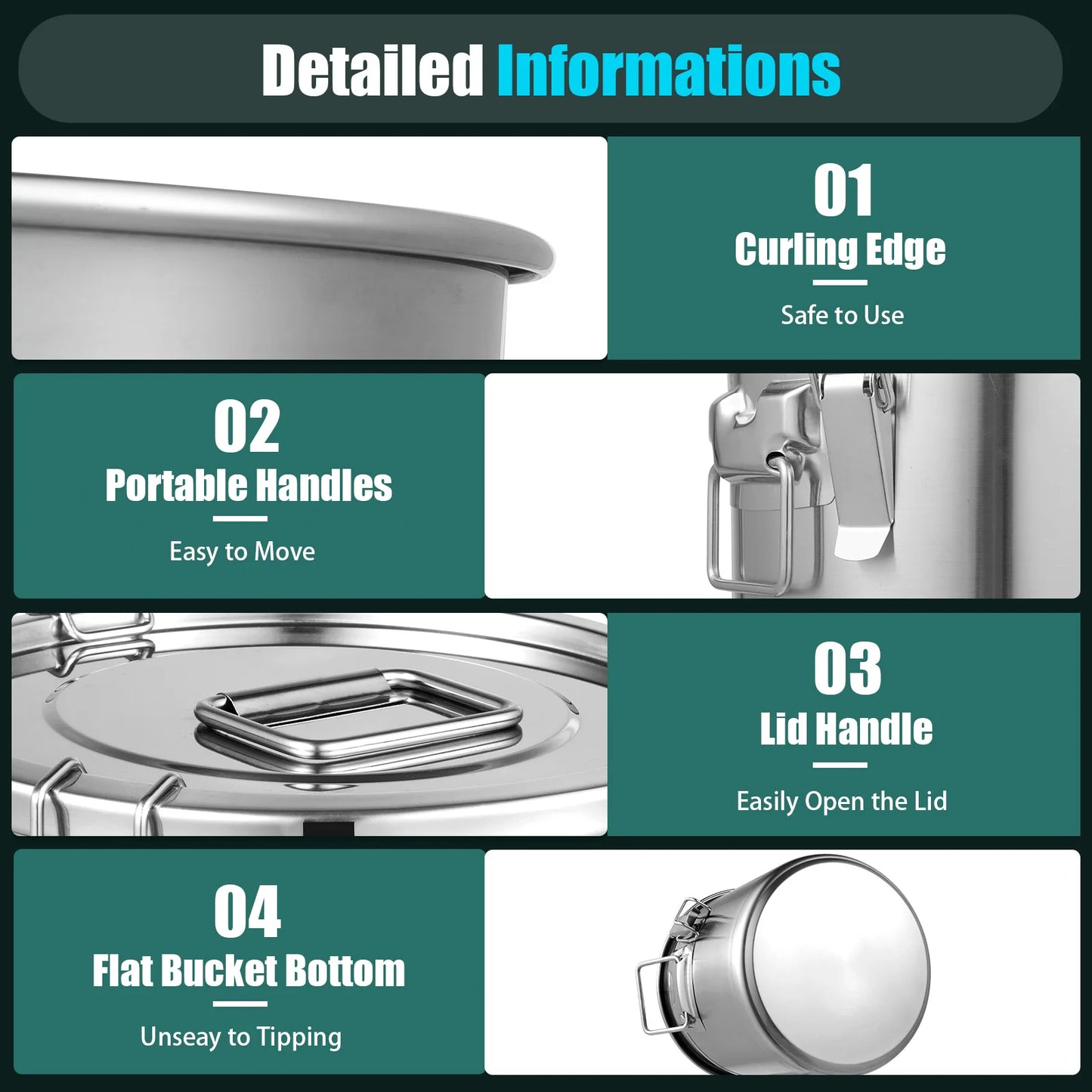 6L/12L Food Storage Bucket，Household Kitchen 304 Stainless Steel Bean Cereal Rice Container Airtight Canister Pail with Lid