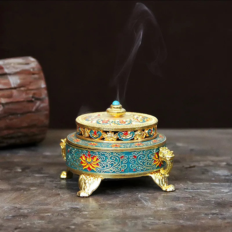 Copper Alloy Antique Incense Burner Aromatherapy Incense Burner Sandalwood Embossed Enamel Painted Temple Plate Incense Burner