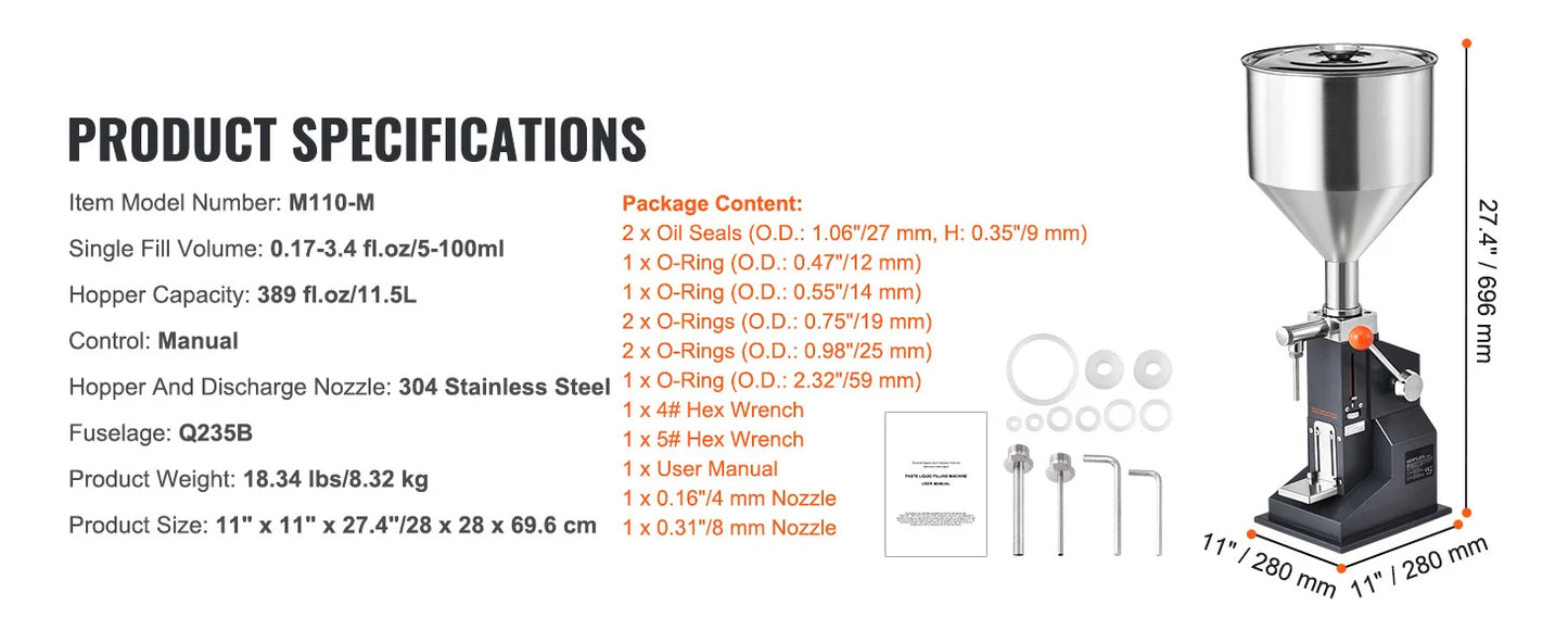 SucceBuy A03 5-50ml/5-100ml Manual Liquid Filling Machine Paste Bottle Filler Adjustable with Hopper for Water Shampoo Honey