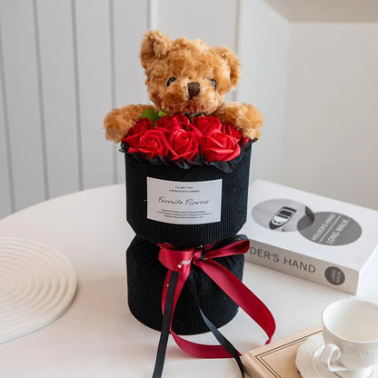 Valentine's Day Gift for Her Rose Bouquet with Cute Bear Artificial Flower Home Decor for Living Room Bedroom Wedding Decoration