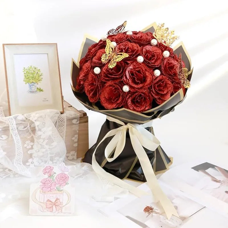 12/24PC Glitter Roses Artificial Flowers DIY Bouquet Everlasting Fake Flower for Wedding Anniversary Valentines Day Mothers Gift