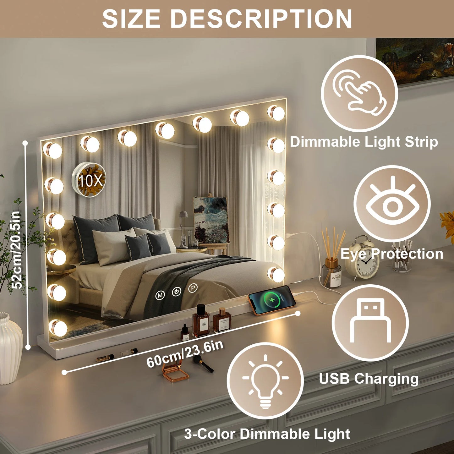 17 LED Hollywood Makeup Mirror Large Vanity Light Mirror with Dimmable LED Bulbs