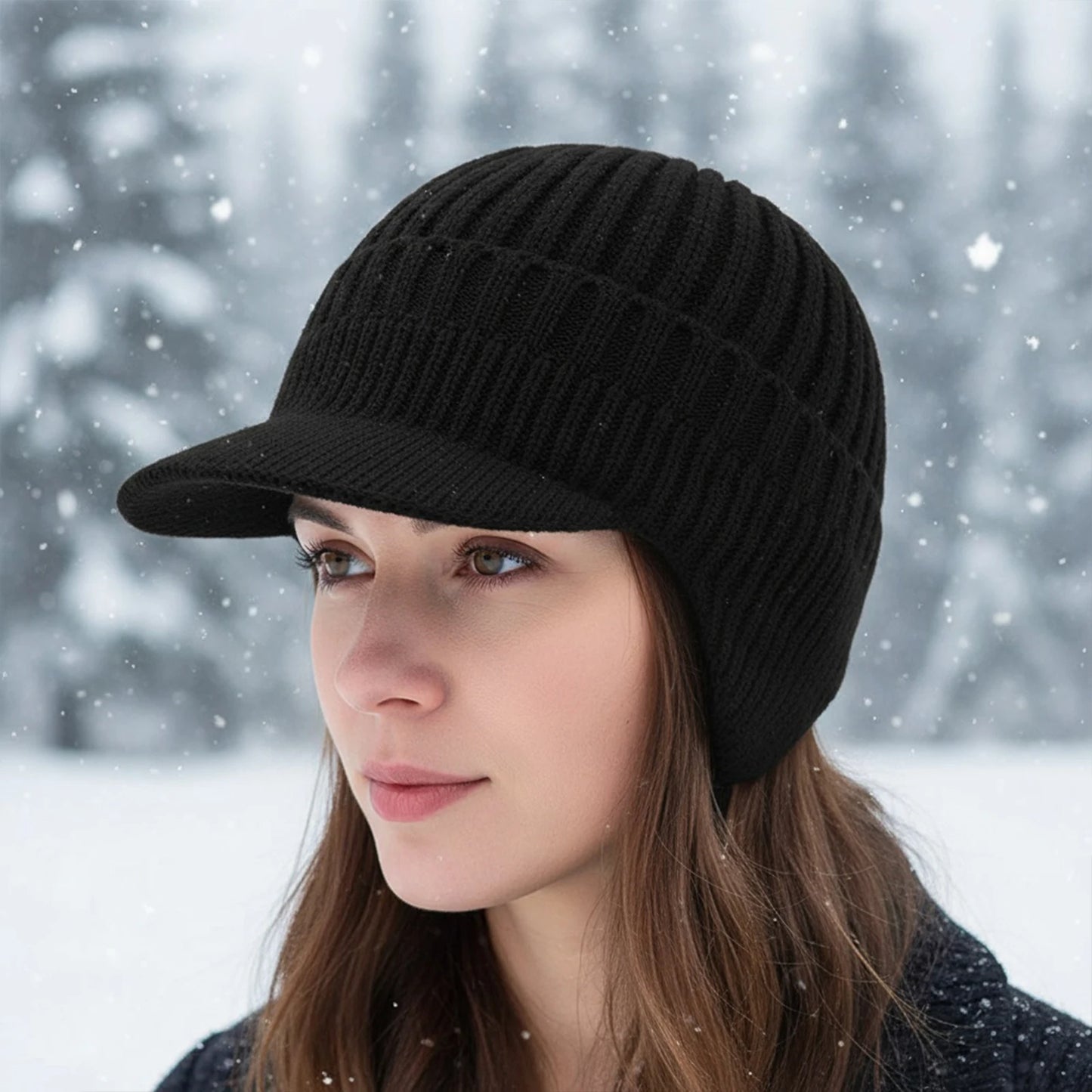 Winter Warm Fleece Lined Knit Hat W/Brim & Ear Flaps Stocking Caps Soft Beanie Hat For Women Men for Cold Weather Outdoor Sports