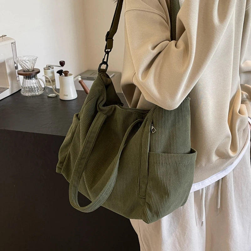 Women Corduroy Tote Bag Casual Multi Pocket Handbag Adjustable Strap Crossbody Sling Bag Zipper Shoulder Bag Fall Winter Bag