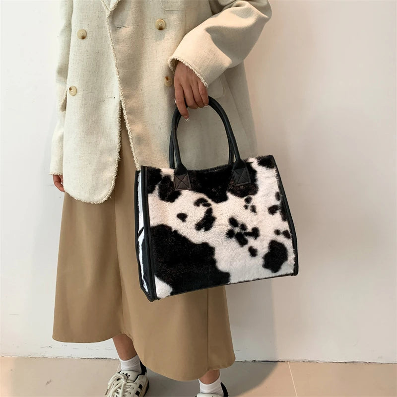 Winter Faux Fur ,Leopard Print Designer Shopper Totes, Fashion Soft Plush Women Shoulder Bags, Large Capacity Handbags and Purse