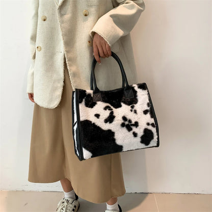 Winter Faux Fur ,Leopard Print Designer Shopper Totes, Fashion Soft Plush Women Shoulder Bags, Large Capacity Handbags and Purse